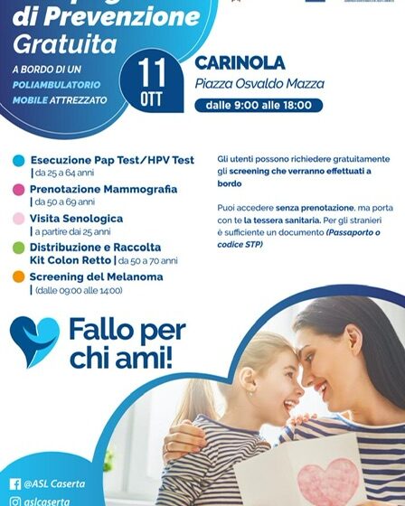 OGGI SCREENING ONCOLOGICI GRATIS A CARINOLA